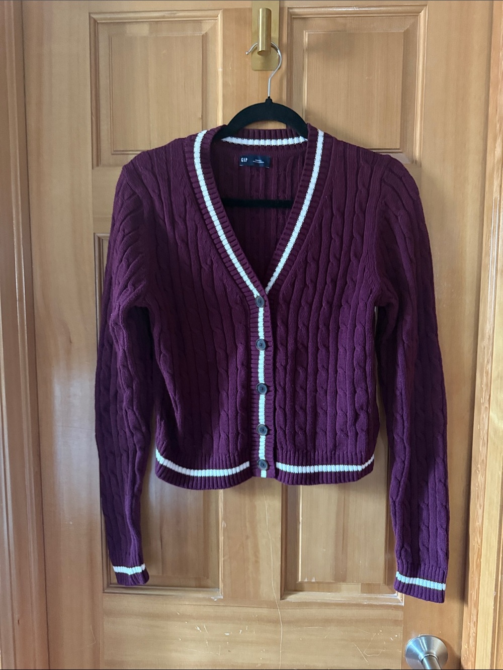 GAP Burgundy Cable-Knit Cardigan with Cream Trim